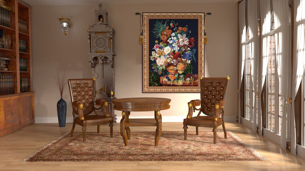 Terracotta Floral Bouquet Black Belgian Tapestry Wall Hanging