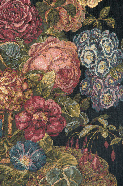 Flower Basket with Black Chenille Background Italian Tapestry Wall Hanging