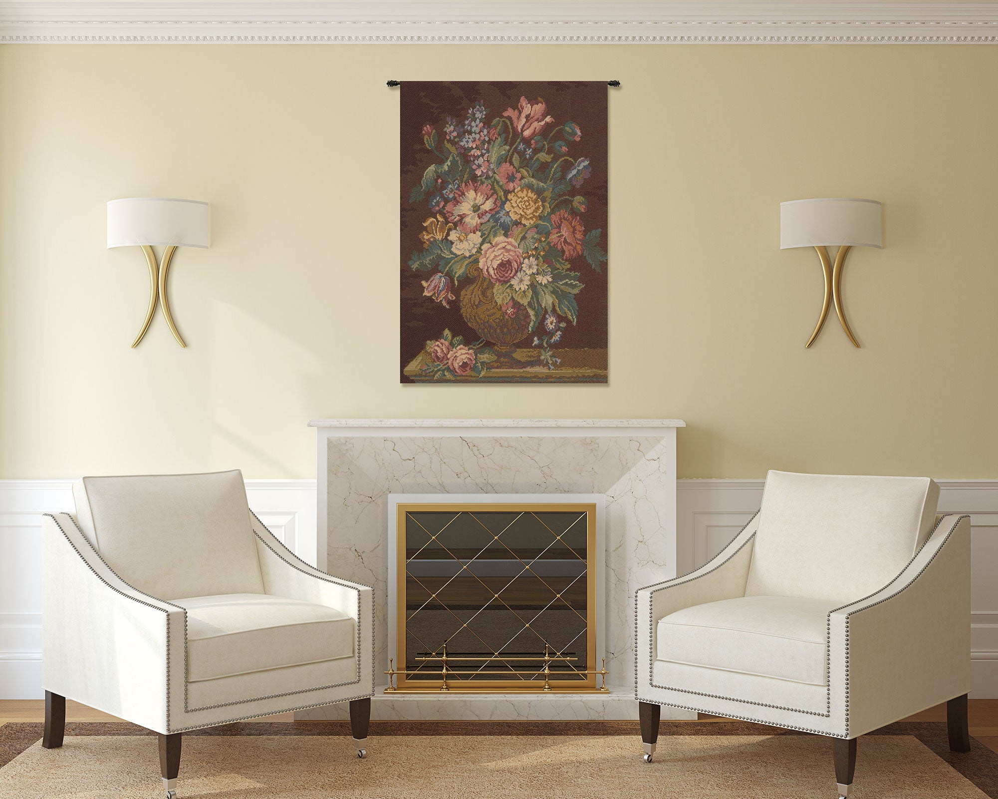 Vase with Flowers Brown Italian Tapestry Wall Hanging