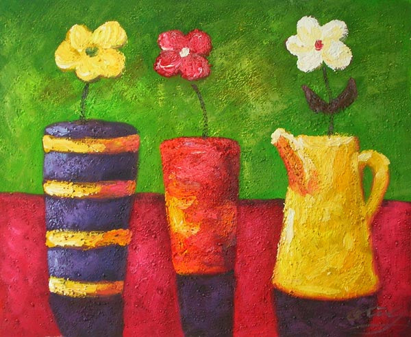 Flowers in Colorful Pots Canvas Oil Painting