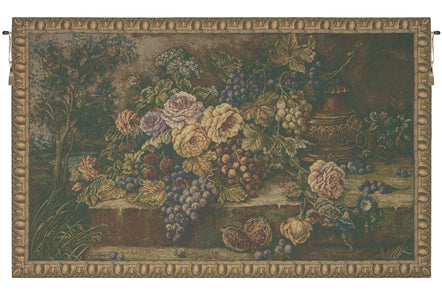 Bouquet with Grapes Green Italian Tapestry Wall Hanging