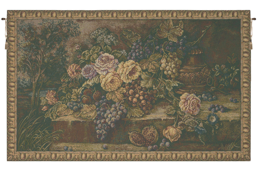 Bouquet with Grapes Green Italian Tapestry Wall Hanging