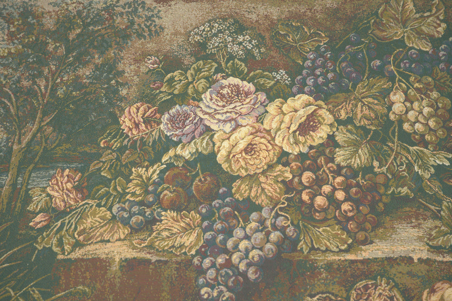 Bouquet with Grapes Green Italian Tapestry Wall Hanging