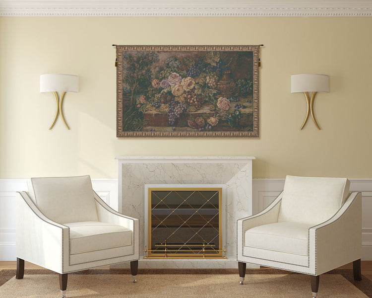 Bouquet with Grapes Green Italian Tapestry Wall Hanging