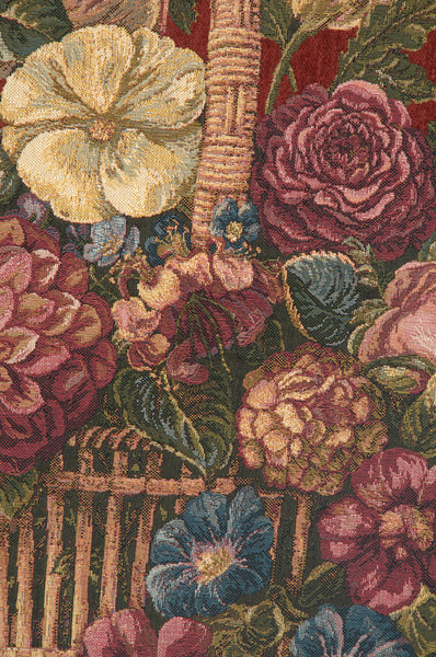 Flower Basket with Burgundy Chenille Background Italian Tapestry Wall Hanging
