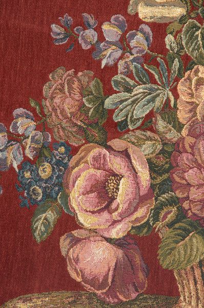 Flower Basket with Burgundy Chenille Background Italian Tapestry Wall Hanging