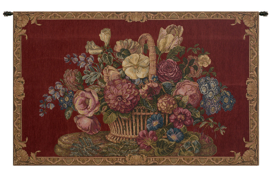 Flower Basket with Burgundy Chenille Background Italian Tapestry Wall Hanging