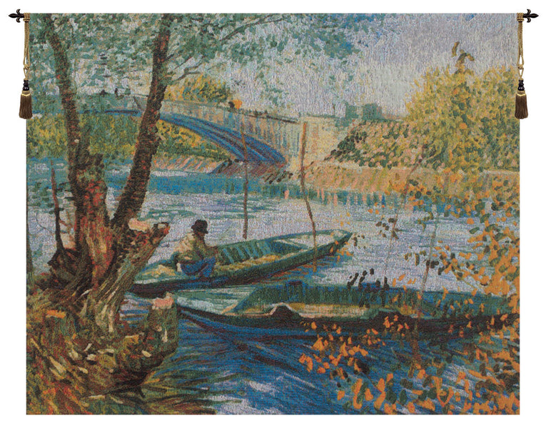 Angler and Boat at Pont de Clichy Belgian Tapestry Wall Hanging