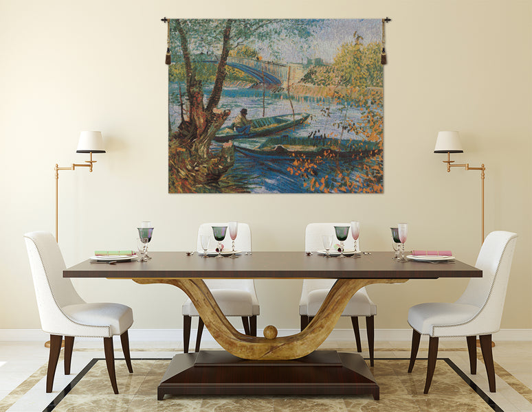 Angler and Boat at Pont de Clichy Belgian Tapestry Wall Hanging