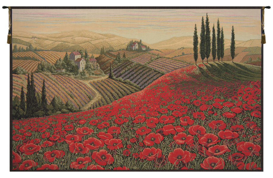 Tuscan Poppy Landscape Italian Tapestry Wall Hanging