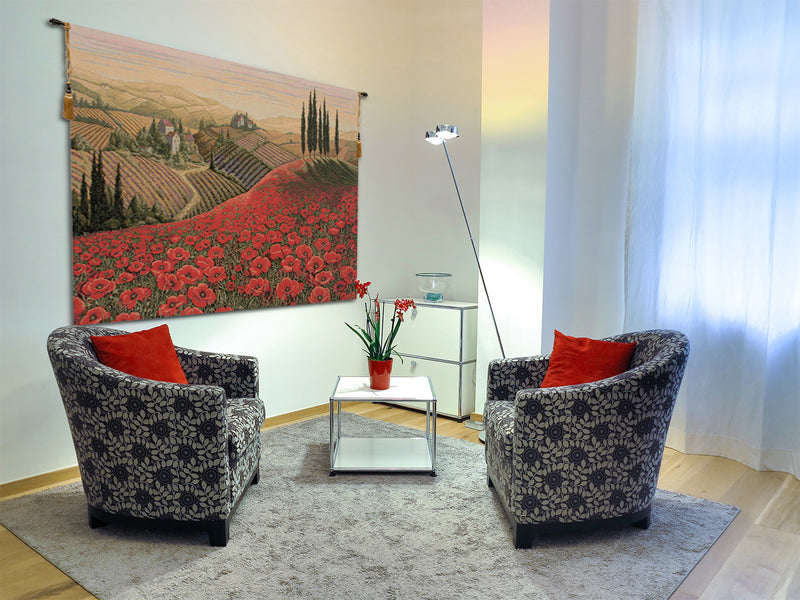 Tuscan Poppy Landscape Italian Tapestry Wall Hanging