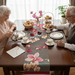 Pink Orchids Grey French Tapestry Table Runner