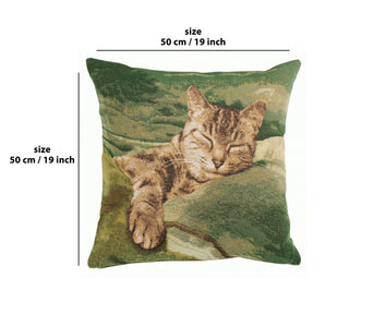 Sleeping Cat Green 1 French Tapestry Cushion
