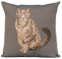 Tabby Cat Sitting Dark Grey French Tapestry Cushion