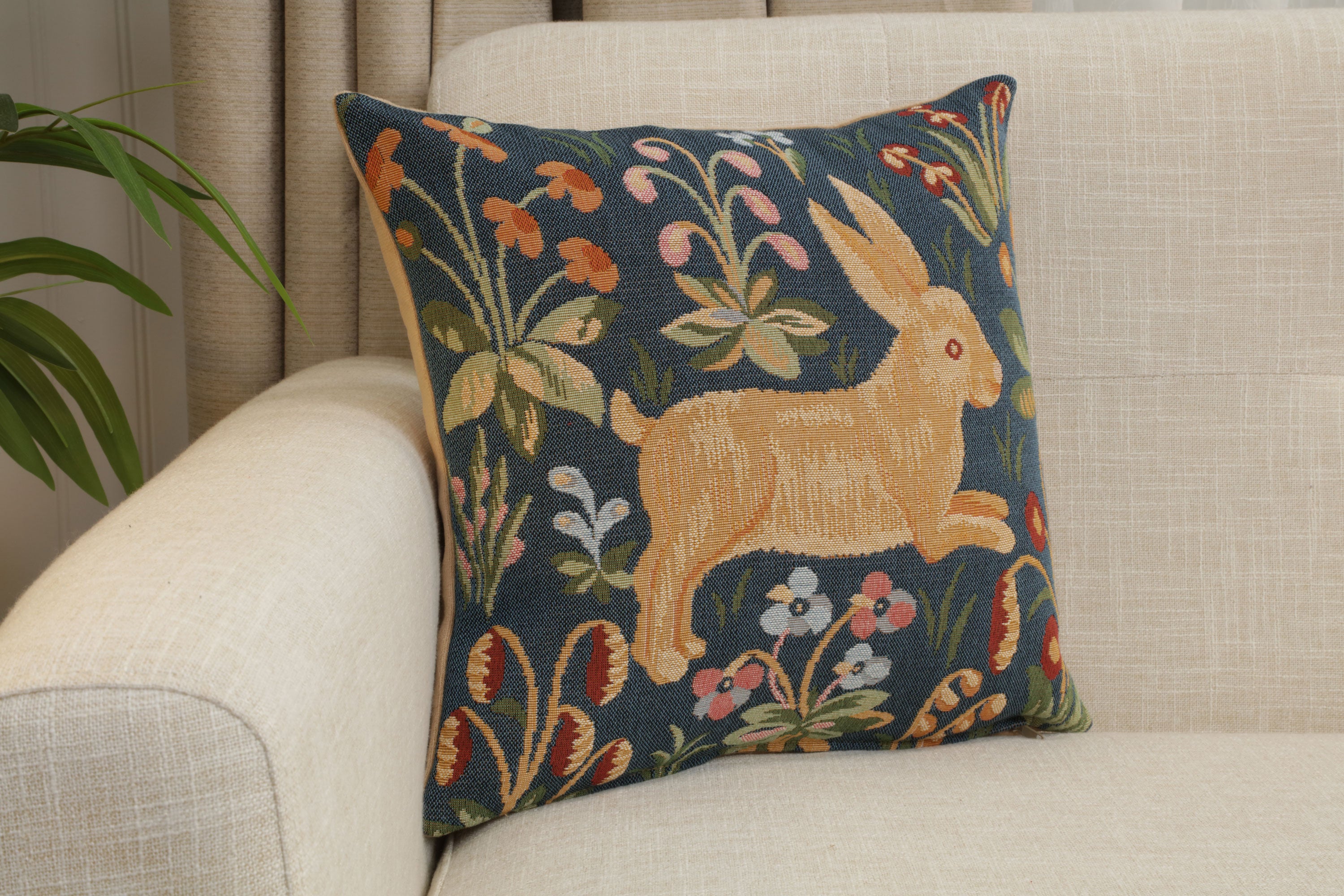 Running Rabbit in Blue  French Tapestry Cushion