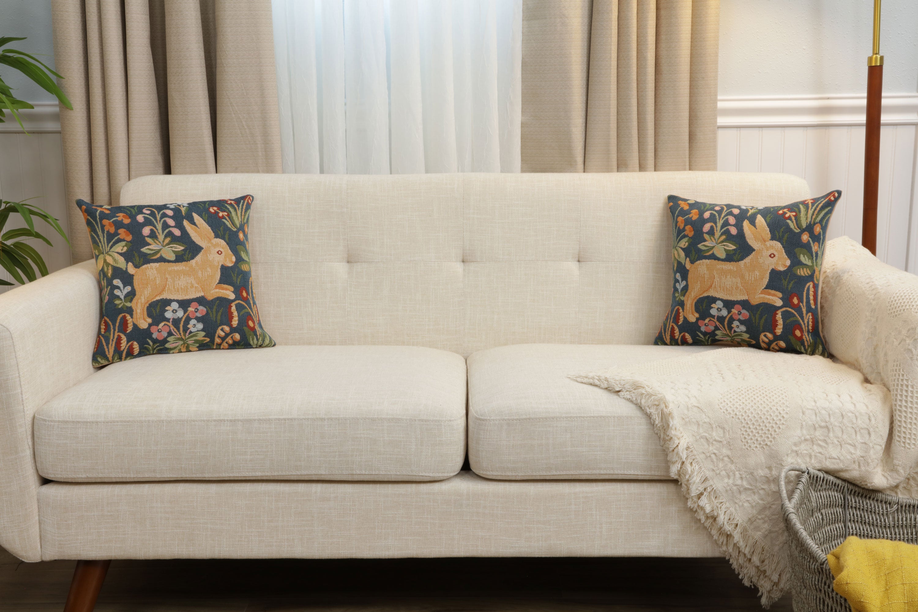 Running Rabbit in Blue  French Tapestry Cushion