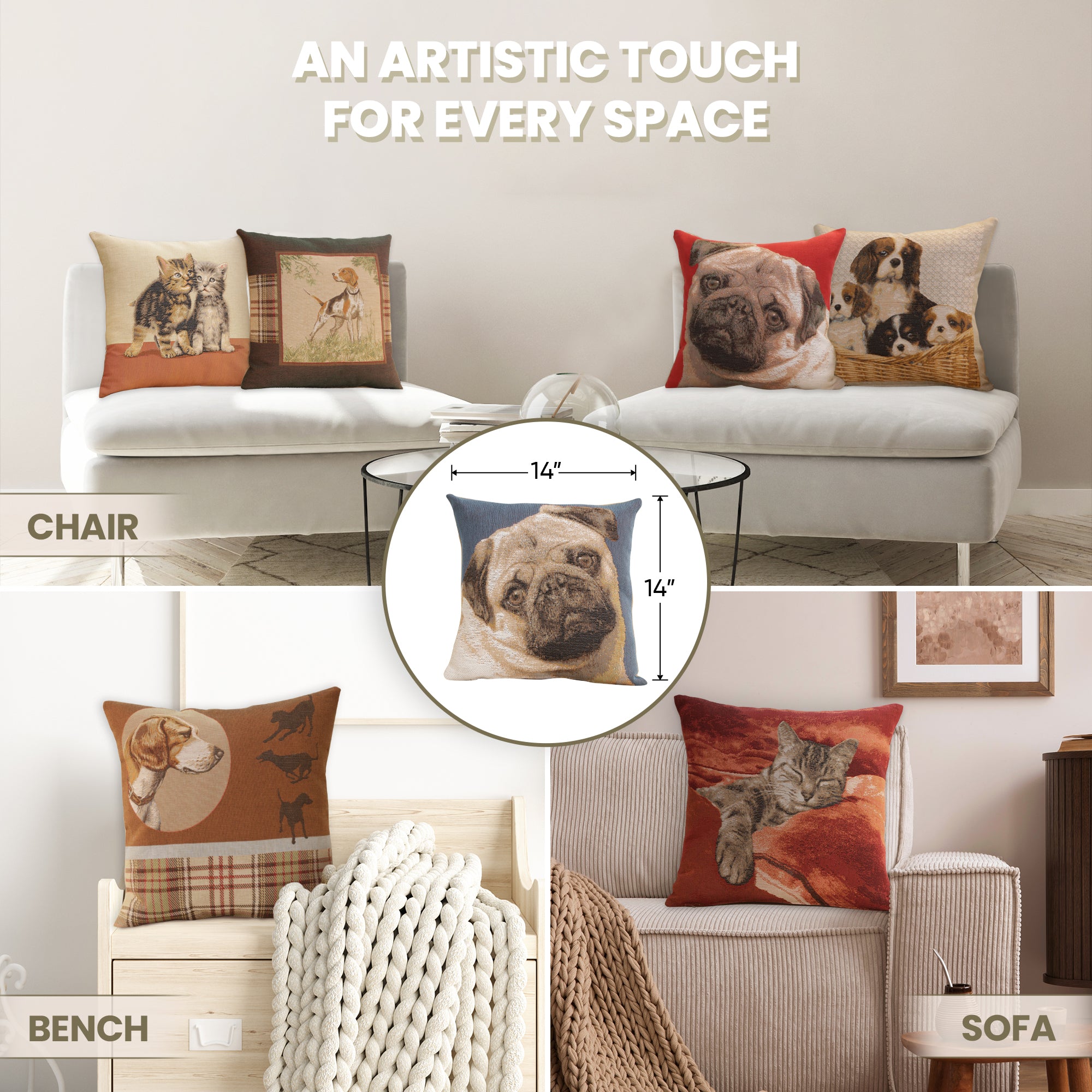 Pugs Face Blue II French Tapestry Cushion