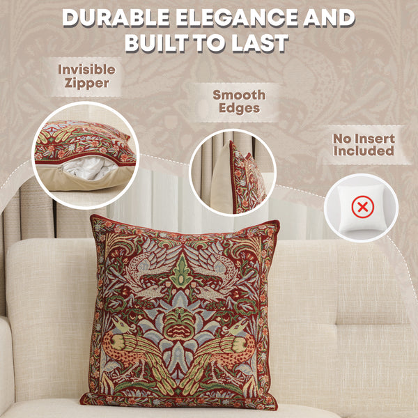 Peacock and Dragon Red Belgian Cushion Cover