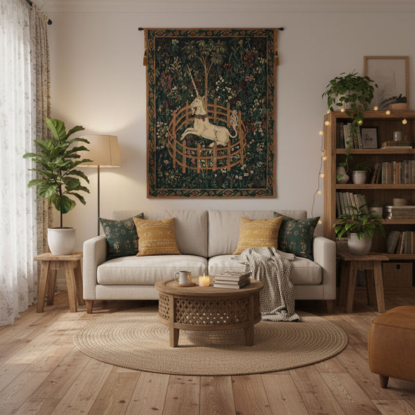 Unicorn In Captivity II (With Border) Belgian Tapestry