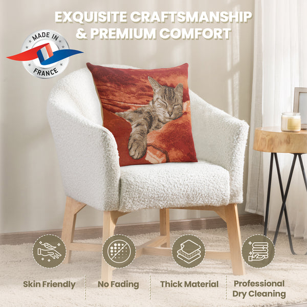 Sleeping Cat Red I French Tapestry Cushion