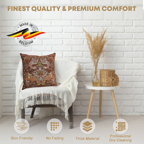 Peacock and Dragon Red Belgian Cushion Cover