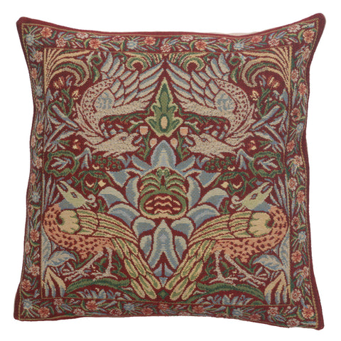 Peacock and Dragon Red Belgian Cushion Cover by William Morris