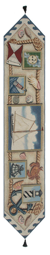 Light House and Sea Shells Small Blue Tassel Tapestry Table Runner