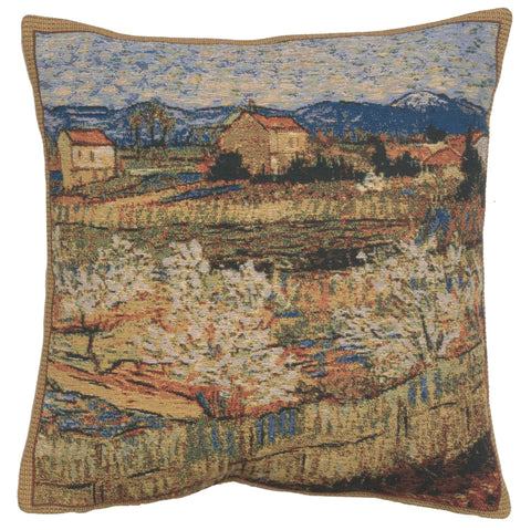 Le Crau with Peach Trees Belgian Cushion Cover by Vincent Van Gogh