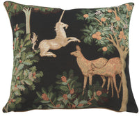 Unicorn and Does Forest Black French Tapestry Cushion