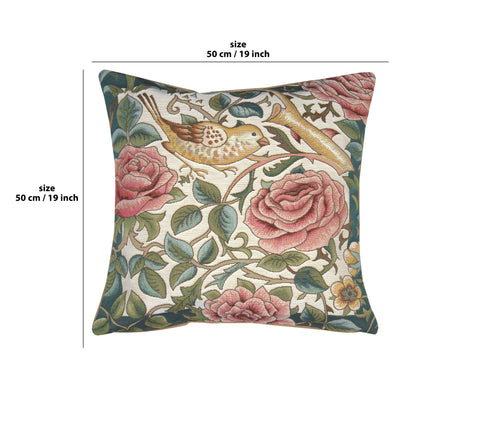 Zoom Bird and Roses White French Tapestry Cushion by William Morris