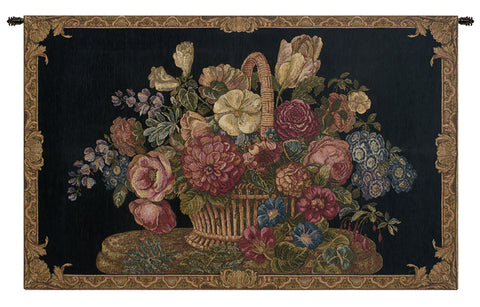 Flower Basket with Black Chenille Background Italian Tapestry Wall Hanging