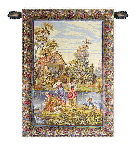 Washing by the Lake Vertical Italian Tapestry Wall Hanging by Francois Boucher