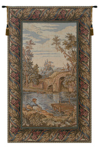 Fishing at the Lake Vertical Italian Tapestry Wall Hanging by Francois Boucher