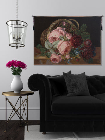 Silk Basket of Flowers Black French Tapestry