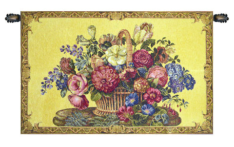 Flower Basket with Yellow Chenille Background Italian Tapestry Wall Hanging