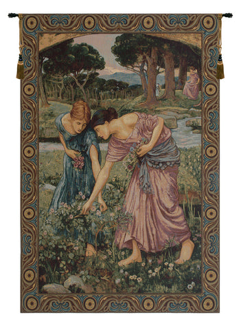 Gathering Rose Buds Italian Tapestry Wall Hanging by John William Waterhouse
