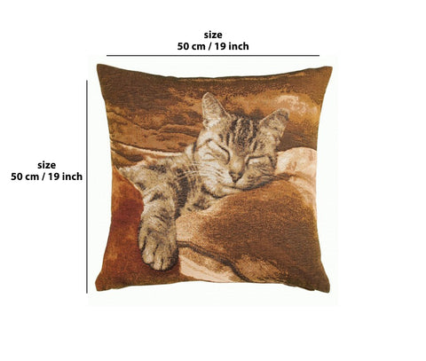 Sleeping Cat Brown 1 French Tapestry Cushion