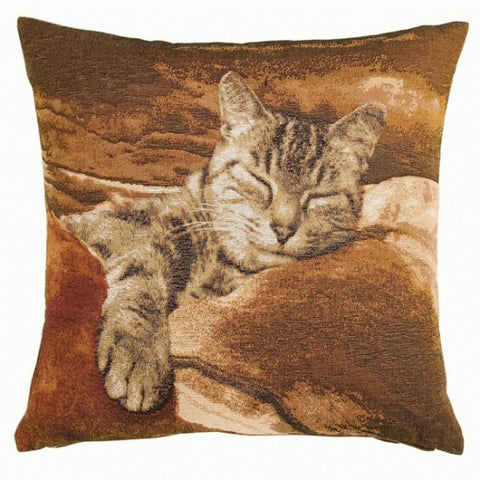 Sleeping Cat Brown 1 French Tapestry Cushion