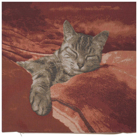 Sleeping Cat Red I French Tapestry Cushion