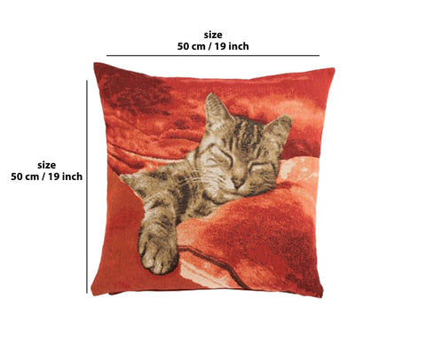 Sleeping Cat Red I French Tapestry Cushion